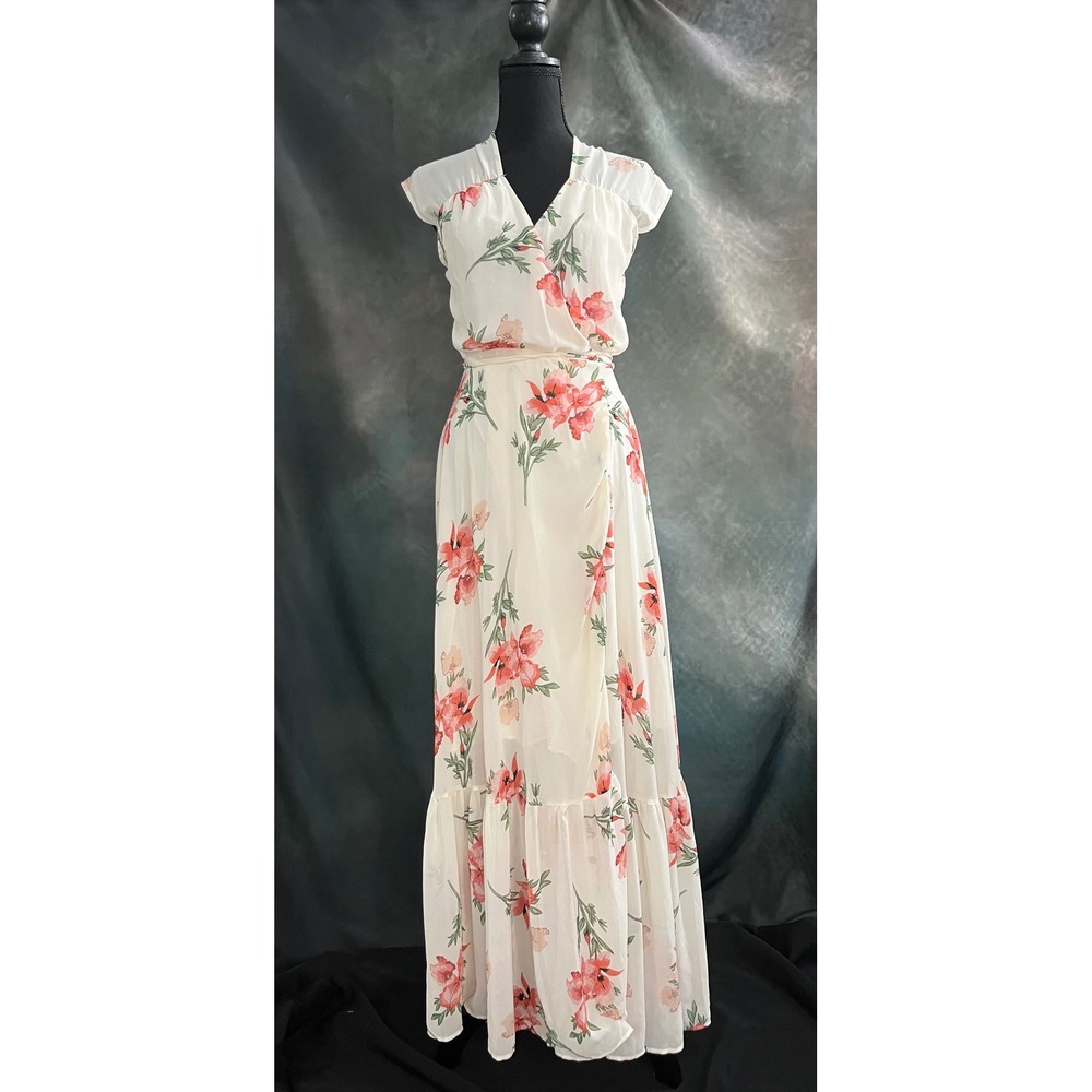 Aakaa Floral Wrap‎ Maxi Dress Cream Red Green Cap Sleeve Tiered Hem S